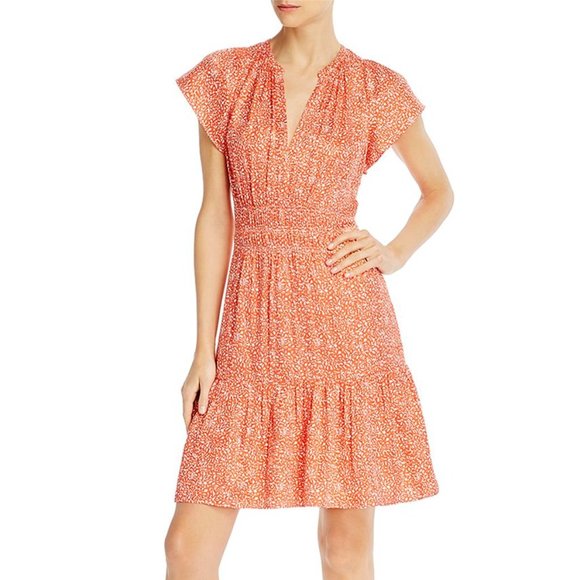 Rebecca Taylor Womens Red Smocked V-Neck Short Sleeve Printed Mini Dress Size 4 - Picture 1 of 8